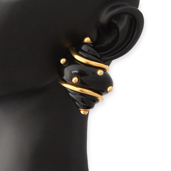 Kenneth Jay Lane Black Lucite Shell Clip On Earrings Gold Plated Dots Large - Picture 2 of 6